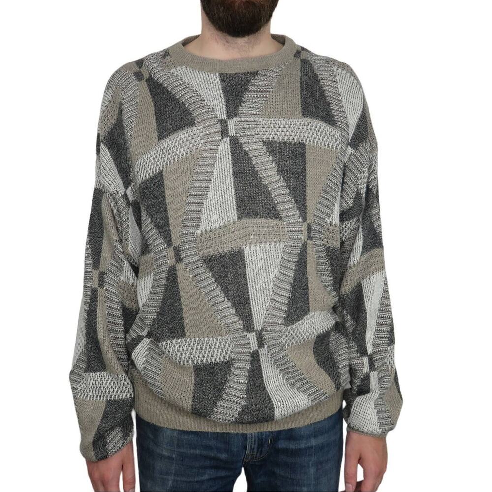 1990s Vintage Jantzen Abstract Knit Beige & Gray Grandpa Sweater XL